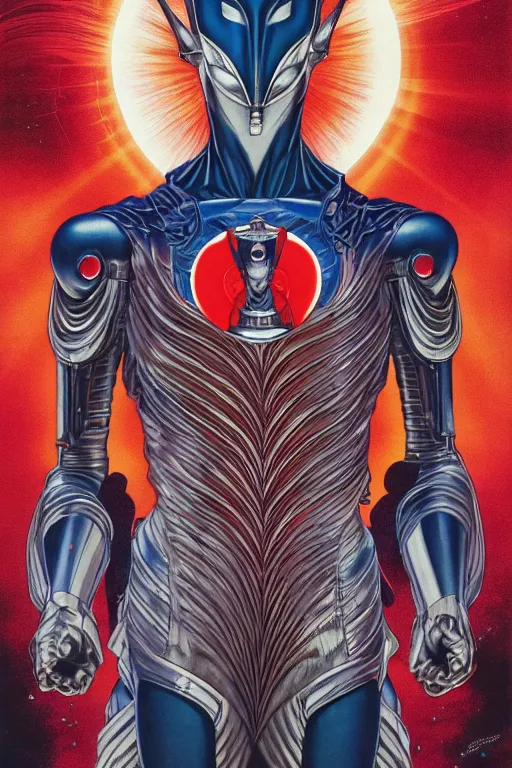 Image similar to ultraman, symmetrical, by yoichi hatakenaka, masamune shirow, josan gonzales and dan mumford, ayami kojima, takato yamamoto, barclay shaw, karol bak, yukito kishiro