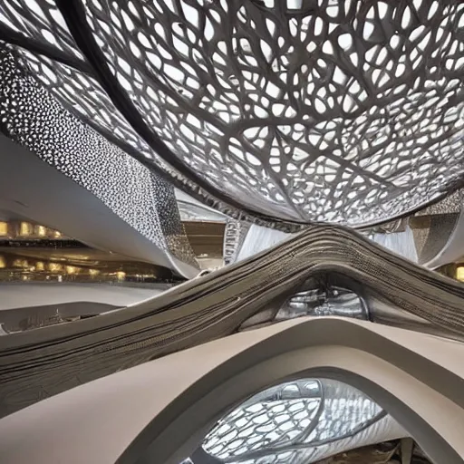 Prompt: extremely detailed ornate stunning beautiful futuristic museum interior by Zaha Hadid