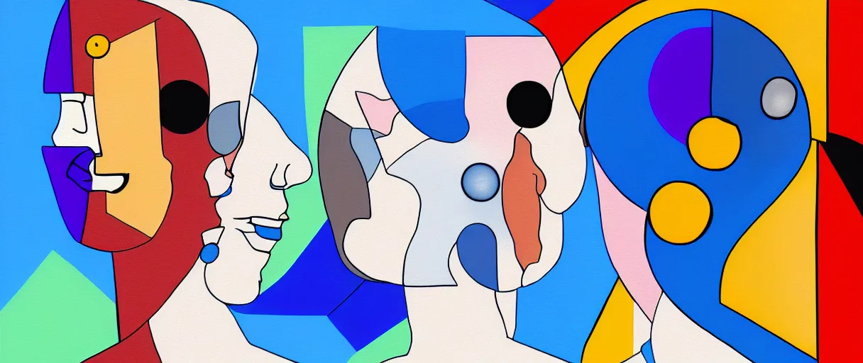 Prompt: a digital painting depicting a two ai android facing each other while their eyes are closed, cubism, futurism - h 7 6 8