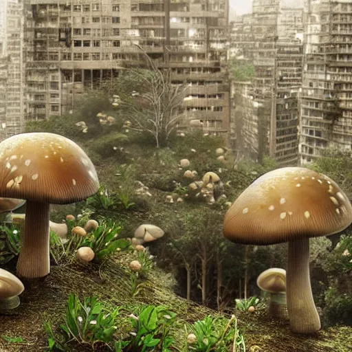 Image similar to beautiful dystopian deserted overgrown city mushroom people surviving