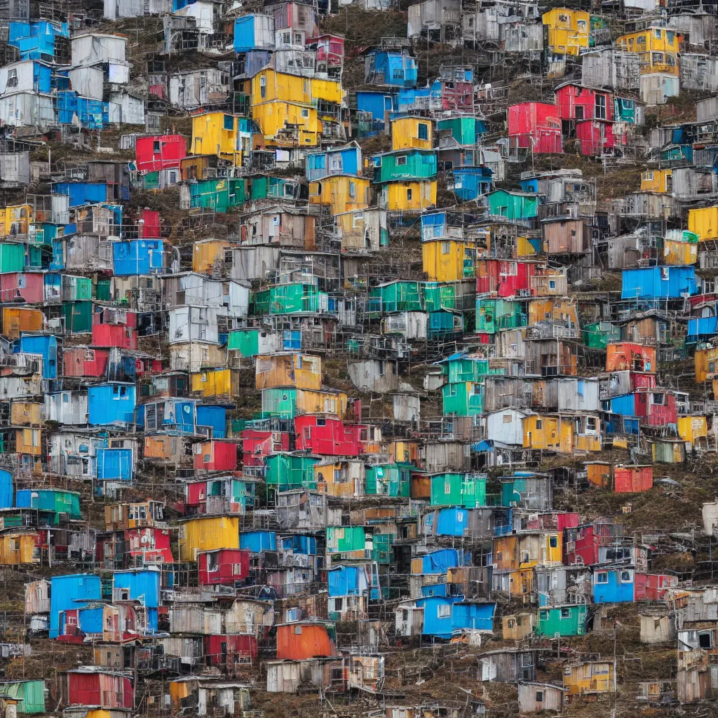 Image similar to a tower made up of colourful makeshift squatter shacks, dystopia, sony a 7 r 3, f 1 1, fully frontal view, photographed by jeanette hagglund, ultra detailed,