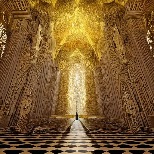 Prompt: a beautiful 3 d render of a massive sprawling fractal cathedral interior populated by mandelbrot fractals, unreal engine, carved ivory, white, volumetric lighting, hyperrealistic, sharp, glowing, carved marble, opalescent, carved soap, neon lighting, sacred geometry, religious, angelic, catholicpunk, photorealism, 8 k, ultra detailed