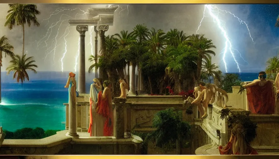 Prompt: From the balcony of the giant Palace, mediterranean balustrade and columns, refracted line and sparkles, thunderstorm, greek pool, beach and Tropical vegetation on the background major arcana sky and occult symbols, by paul delaroche, hyperrealistic 4k uhd, award-winning, very detailed paradise