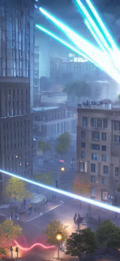 Image similar to unreal engine 5 render of a happy city during the day with lasers coming out of the clouds, digital art ”