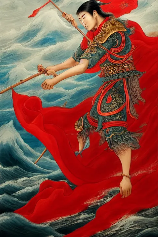 Image similar to a masterpiece portrait of legendry nezha flies riding on the wind fire wheels across the sea, water everywhere, chinese mythology, side view, red cloth around his shoulders, hold spear, cinematic, fantasy character portrait, highly detailed, by ne zha ( 2 0 1 9 ), fenghua zhong