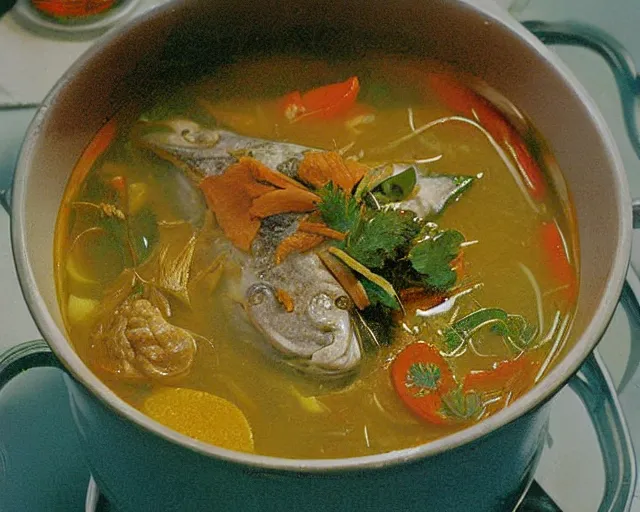 Image similar to 1970's cookbook color photograph of fish head soup sharp detail high detail