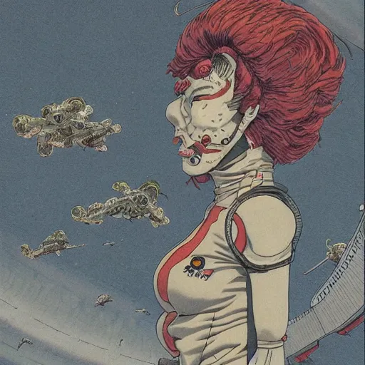 Image similar to portrait of female demon naraka astronaut painted in miyazaki color style drawn by katsuhiro otomo and takato yamamoto, high detail, intricate linework, sharp, smooth face, china doll face, high detail, manga and anime