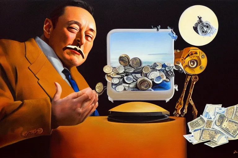 Image similar to Salvador Dali, WALL-E and Elon Musk counting money and holding keys, oil on canvas, artstation, portrait, masterpiece, aesthetic