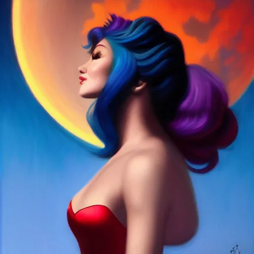 Image similar to woman with rainbow hair looking up at red moon by Luis Ricardo Falero trending on artstation