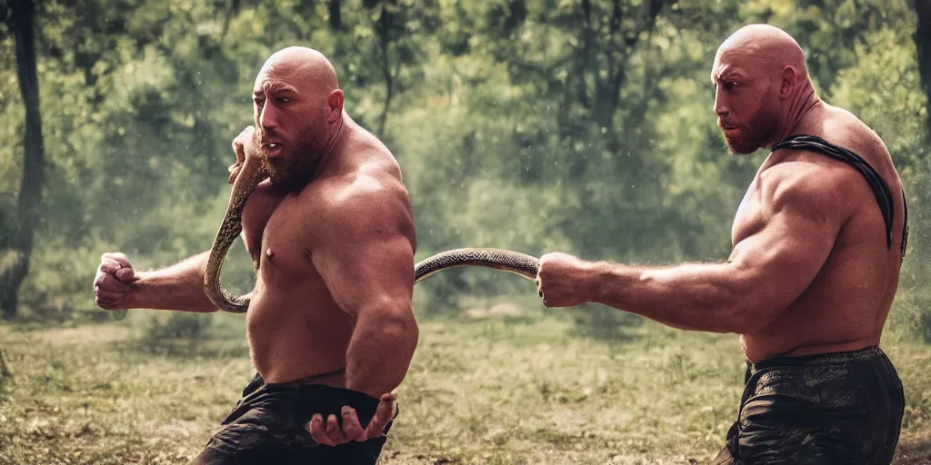 Image similar to The Big Guy Ryback fighting a snake solo outdoors, photorealistic, ultra hd, cinematic lighting, award-winning, 4k, leica sl2 30mm, beautiful color, high quality, high textured, lens flare