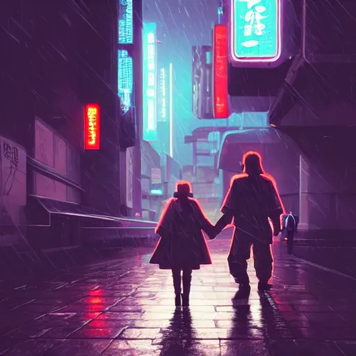 Prompt: illustration of a worn out samurai holding hands with his daughter that got time travelled to a futuristic colonized Martian city, rainy day, neon glow concept art, sharp focus, cyberpunk 2077, scifi, octane render, art by Ilya Kuvshinov, wallpaper, highly detailed, anime key visual, warm colors, epic landscape, HD digital art, artstation