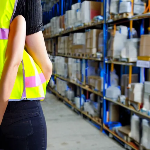 Image similar to photo, close up, emma watson in a hi vis vest, in warehouse, android cameraphone, 2 6 mm