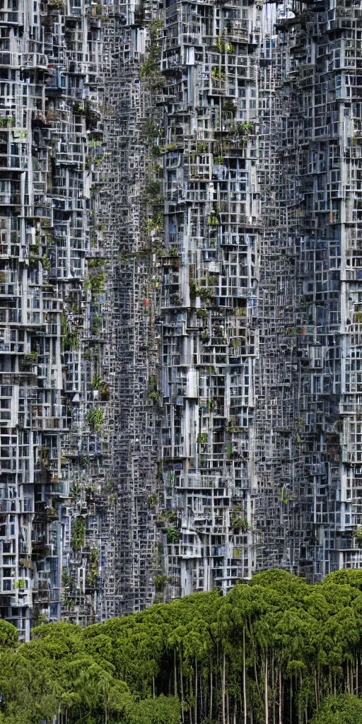 Prompt: a high contrast elevational photo by Andreas Gursky of tall jenga futuristic mixed-use towers emerging out of the ground. The rusty industrial towers are made of metal scaffolding and multicolored tarps. The mossy towers are covered with trees and ferns growing from scaffolding, floors, and balconies. The towers are bundled very close together and stand straight and tall. The towers have 100 floors with deep balconies and hanging plants. Cinematic composition, volumetric lighting, foggy morning light, architectural photography, 8k, megascans, vray.