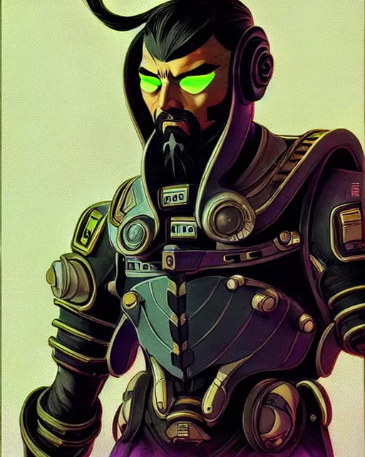 Image similar to hanzo from overwatch, cyber suit, character portrait, portrait, close up, concept art, intricate details, highly detailed, vintage sci - fi poster, retro future, vintage sci - fi art, in the style of chris foss, rodger dean, moebius, michael whelan, and gustave dore