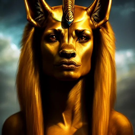 Image similar to Majestic gracious Anubis female warrior portrait, atmospheric lighting, painted, intricate, volumetric lighting, beautiful, rich deep colours masterpiece, golden hour, sharp focus, ultra detailed, by Leesha Hannigan, Ross Tran, Thierry Doizon, Kai Carpenter, Ignacio Fernández Ríos