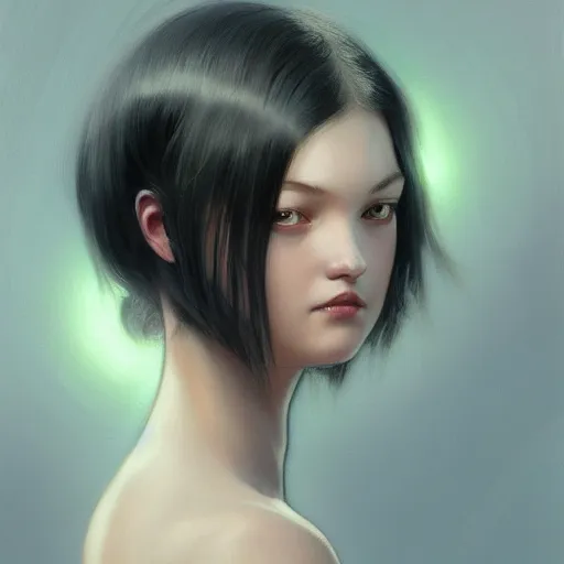 Image similar to portrait of a german teenage girl with glossy black hair, glowing skin, delicate features, gemma ward, stoya, fantasy, intricate, elegant, dress shirt, highly detailed, digital painting, artstation, concept art, smooth, sharp focus, illustration, art by Krenz Cushart and Artem Demura and alphonse mucha