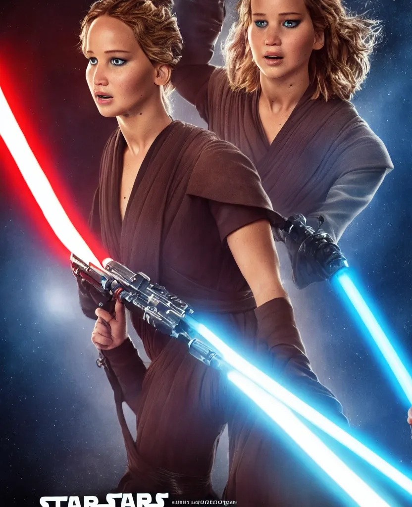 Image similar to jennifer lawrence as a jedi holding up a blue lightsaber, very dark background, official new star wars episode xi movie poster from lucas arts, perfect symmetrical face, full moon, moody lighting, 8 k, shallow depth of field, intricate detail,