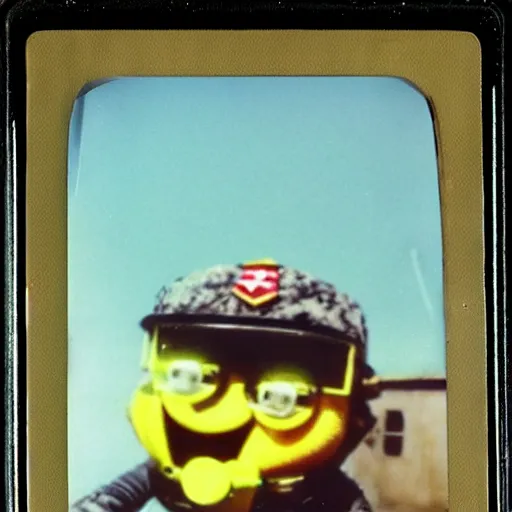Prompt: polaroid photo of sponge bob in us military suit veteran of the vietnam war, underwater effect