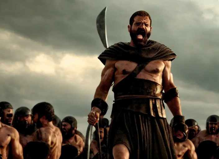 Image similar to cinematic film still of joe biden as leonidas shouting in 3 0 0 movie, 8 k, epic moody sky, dramatic lighting