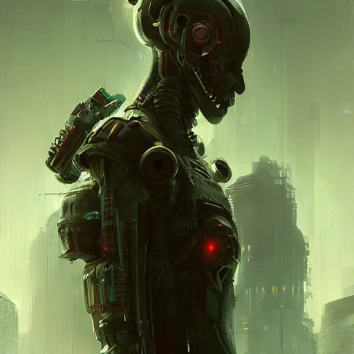 Image similar to portrait of a horrific cyberpunk monster, concept by greg rutkowski, highly detailed, sci-fi, sharp focus,