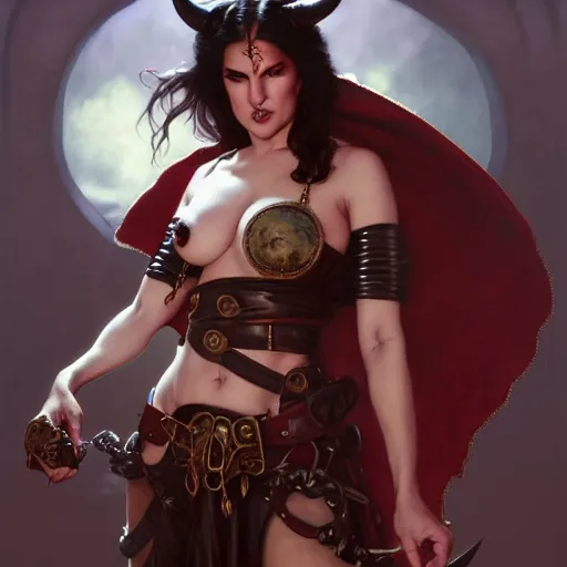 Image similar to portrait of sunny leone as a surly and resentful female tiefling thief with small horns clothed in leather armor and a cloak, angry expression, by Greg Rutkowski and John Collier and Krenz Cushart and Artem Demura and Alphonse Mucha and Albert Aublet, as seen on ArtStation, 4k, dungeons and dragons, very aesthetic, very detailed, intricate, unreal, fantasy, dramatic, painterly, artstation, sharp focus, smooth