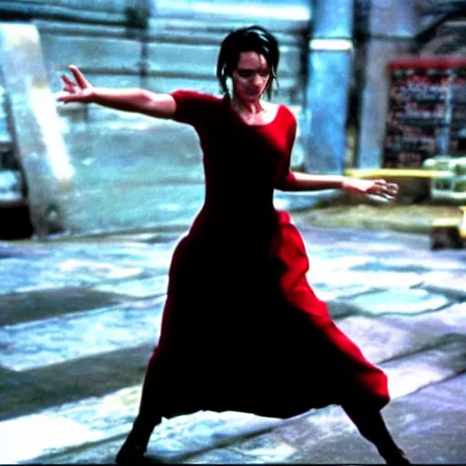 Image similar to film still of Fiona Johnson wearing a red dress in the movie the matrix