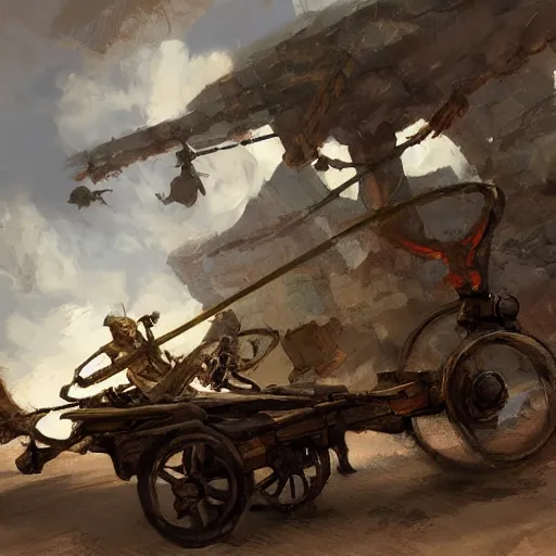 Image similar to a sling catapult machine sending rocks flying, cart wheels, epic fantasy style art by Craig Mullins, fantasy epic digital art