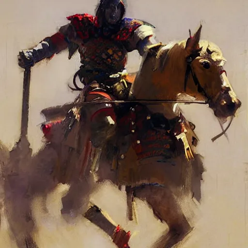 Prompt: portrait of colorful rider holding jousting lance, caparisons, chainmail, by greg manchess, bernie fuchs, ruan jia, walter everett