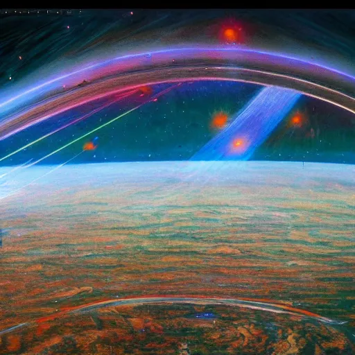 Image similar to view from space, laser beam strikes through earth, extremely detailed oil painting, 1 9 2 0's colored pencil, high clarity, highly detailed, abstract, deep aesthetic, 8 k, highly ornate intricate details, cinematic lighting, rich colors, digital artwork, beautiful scenic view, ray tracing, hyperrealistic, photorealistic, cinematic landscape, trending on artstation, concept art,