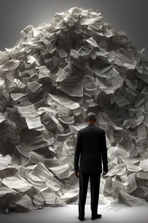 Image similar to obama nervously standing next to a mountain made of papers, photorealistic, intricate, 8 k highly professionally detailed, hdr, cgsociety