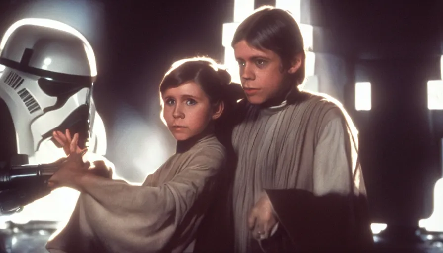 Image similar to film still of carrie fisher and mark hamill as children in new star wars movie, dramatic lighting, highly detailed face, kodak film, wide angle shot,