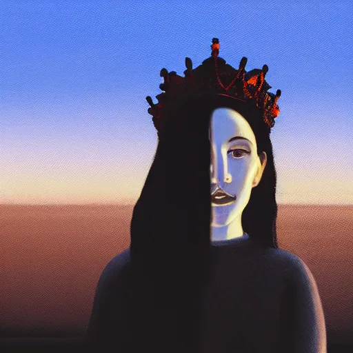 Image similar to a painting of a pale woman with black hair and a crown on her head standing in front of a statue, a screenshot by stanley twardowicz, cgsociety, aestheticism, aesthetic, vaporwave, anime aesthetic,