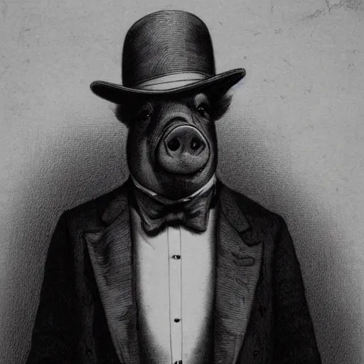 Image similar to a pig in a tuxedo, creepy atmosphere, dark, portrait, realistic portrait, close up, face, very realistic, illustration by Gustave Doré