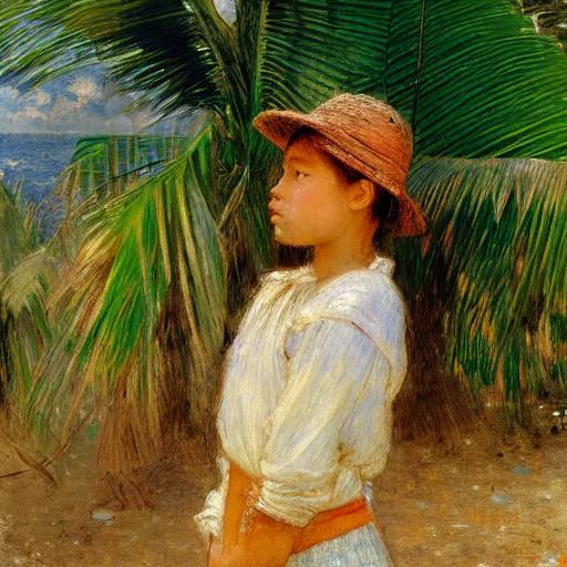 Image similar to a ultradetailed beautiful painting of a girl in amazonas by jules bastien - lepage, hans belmer, frank weston and gustave baumann, trending on artstation, mediterranean, palm trees, light sparkles, sharp focus, soft light