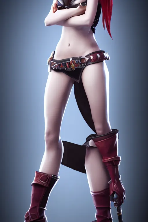 Image similar to Katarina from League of Legends, photorealistic full body, studio lighting, white ambient background, unreal engine 5, hyperrealistic, highly detailed, realistic