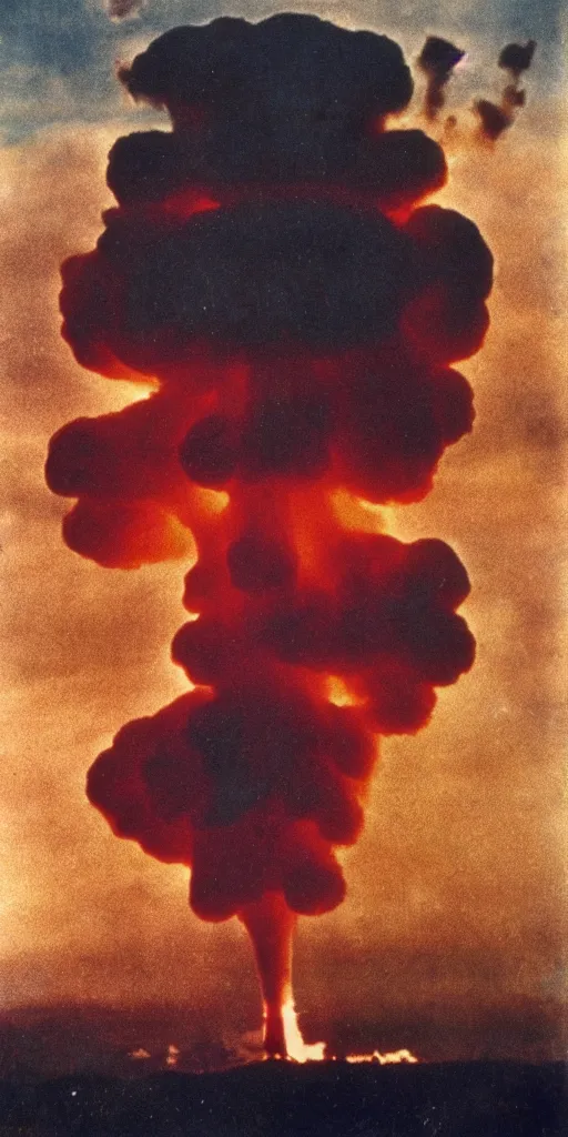 Image similar to a highly detailed and stunning autochrome photograph of an atomic bomb explosion with mushroom cloud, 8K