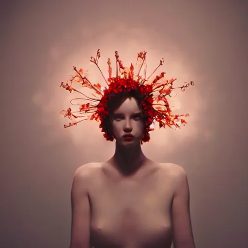 Image similar to movie still of a girl with a cyborg flowers helmet, cinematic composition, cinematic light, by edgar wright and david lynch