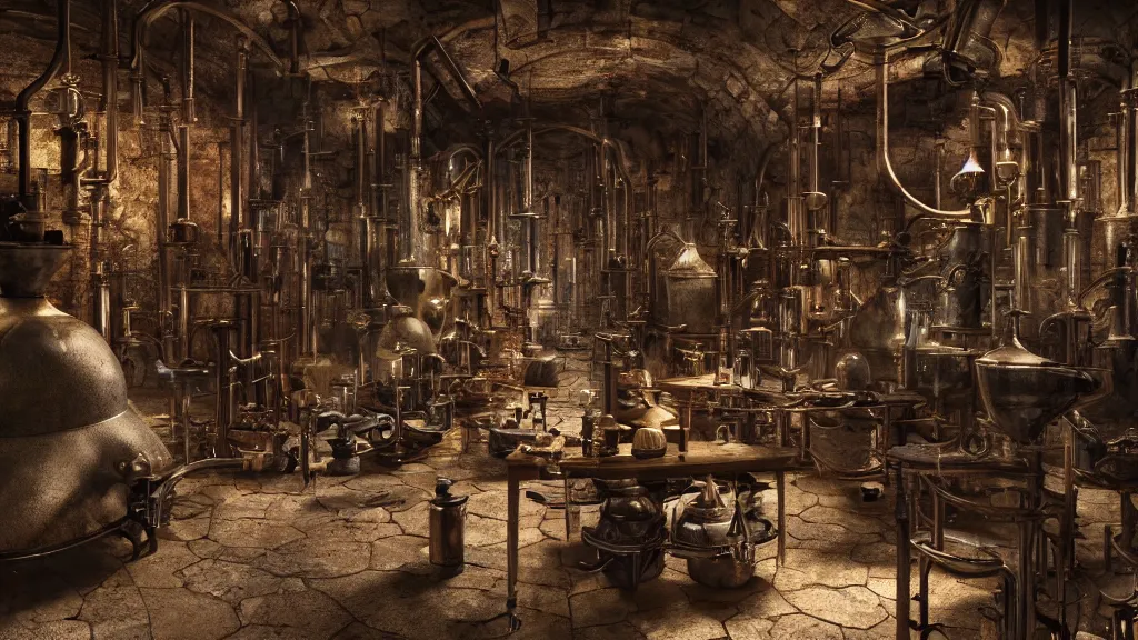 Prompt: dark wizards laboratory, ancient medieval, many tubes connecting many beakers, bronze steril feeling, realistic cinematic lighting, establishing action shot, ultra detailed, hyper realism, photo, octane render