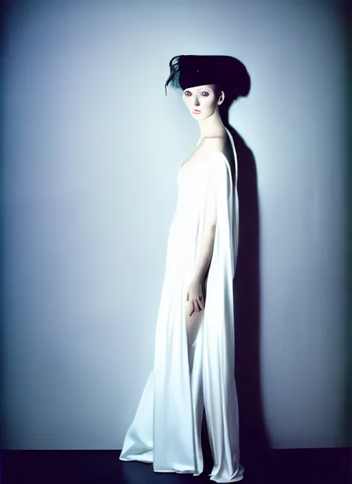Image similar to kodak portra 4 0 0 photo portrait of a beautiful woman dressed in long white, fine art photography light painting in style of paolo roversi, professional studio lighting, dark dramatic background, hyper realistic photography, fashion magazine style