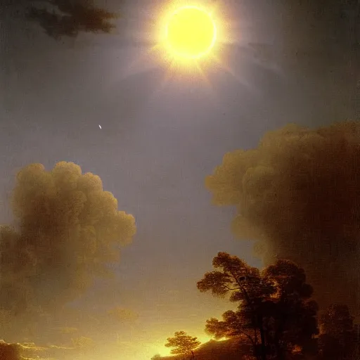 Prompt: dark solar eclipse, above a village, highly detailed, studio 4 k quality, by alexandre calame