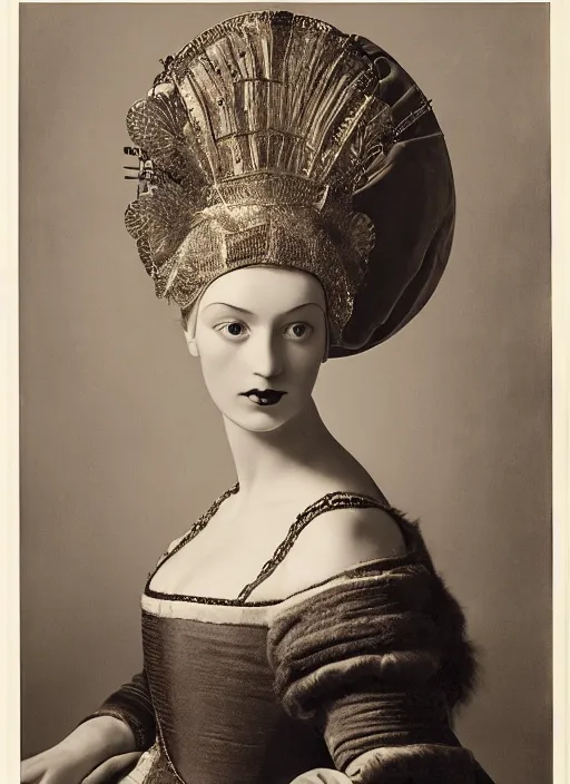 Image similar to portrait of young woman in renaissance dress and renaissance headdress, art by horst p. horst