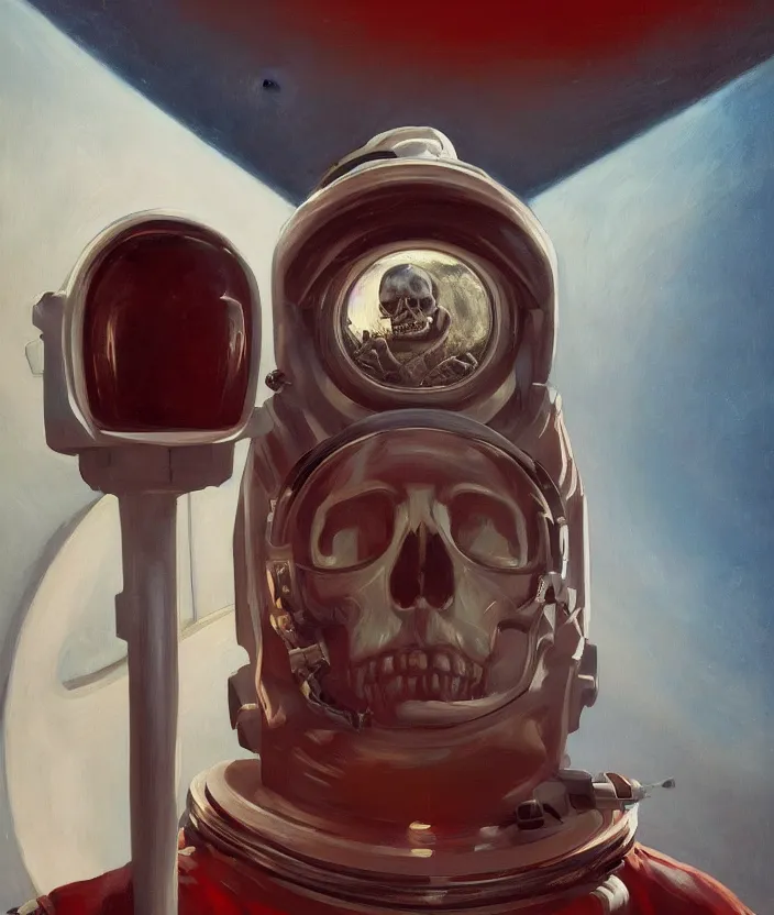 Image similar to a portrait of an astronaut with a skull head standing in front of the entrance to ethereal realm, cinematic and highly detailed oil painting by josep tapiro baro and edward hopper, trending on artstation, oil painting masterpiece, symmetry, mysterious, very aesthetic, cinematic and dramatic red light, 4 k,