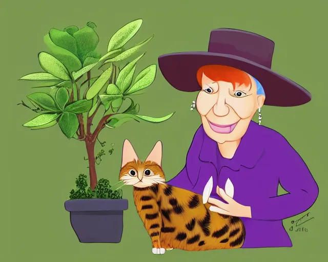 Image similar to cartoon of a nice old lady and her plant cat, pixar, sharp high quality