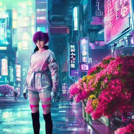 Image similar to woman of flowers, floral, cyberpunk, japanese cyberpunk city, blade runner 2 0 4 9