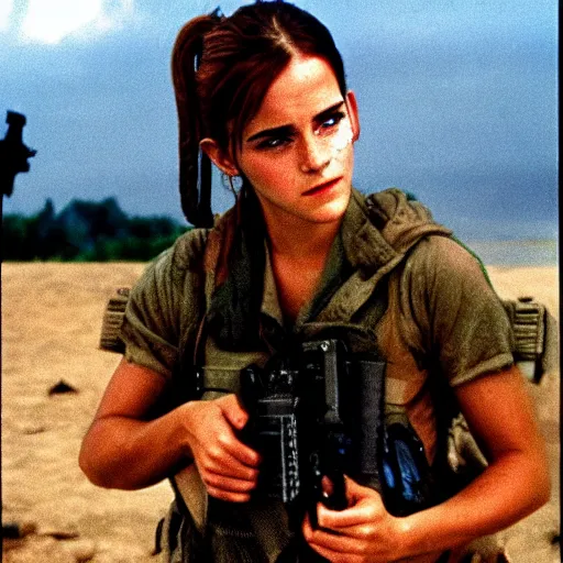 Image similar to film still, extreme far view, emma watson vietnam door gunner, film still from apocalypse now ( 1 9 7 9 ), 2 6 mm, kodak ektachrome, blue tint expired film,