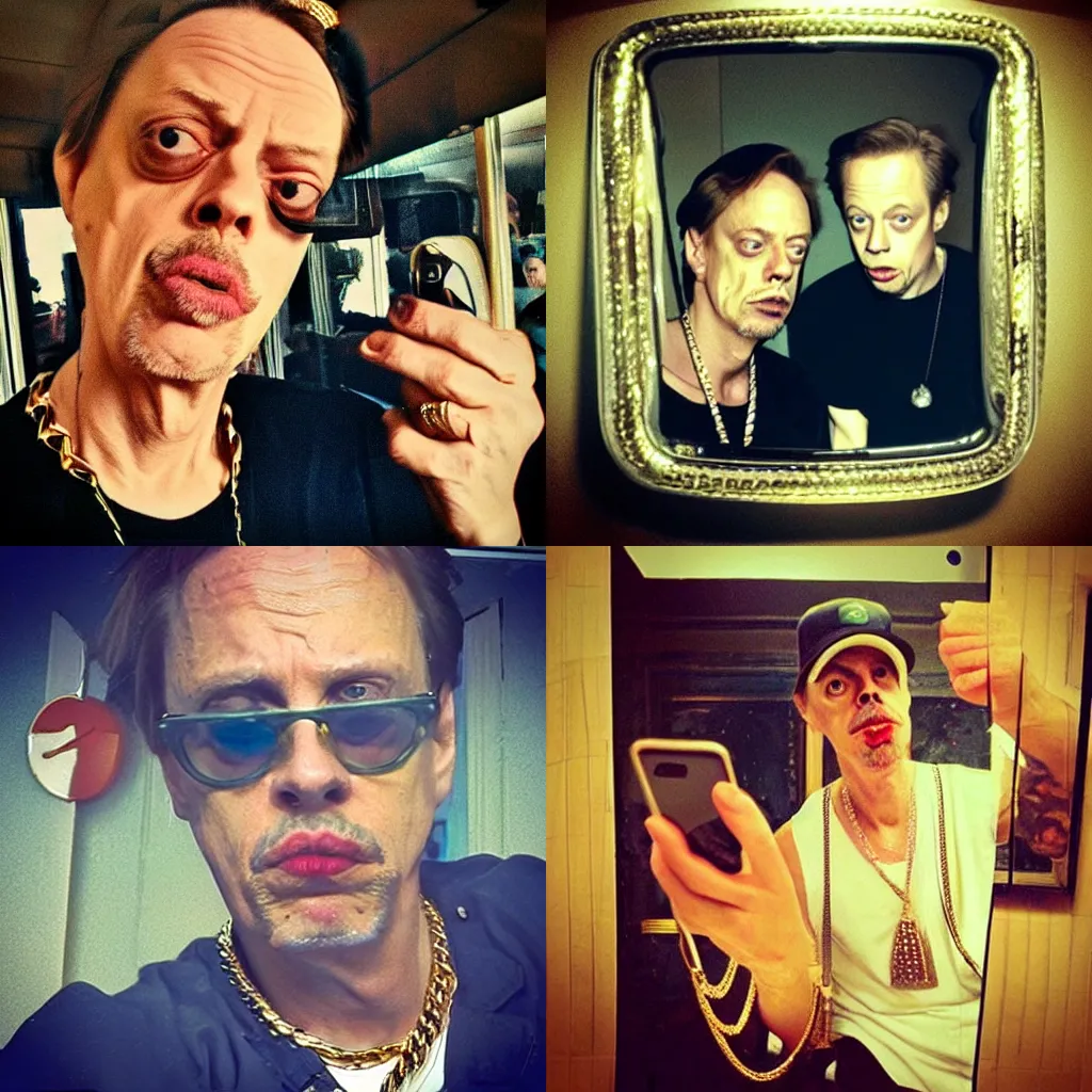 Prompt: steve buscemi selfie, duckface, instagram filter, dirty mirror, yolo, cap, gold chains