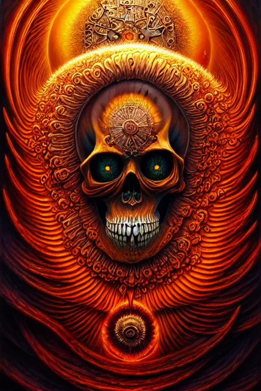 Image similar to A beautiful detailed death sun godness, tarot card, by tomasz alen kopera and Justin Gerard, symmetrical features, ominous, magical realism, texture, intricate, ornate, royally decorated, skull, skeleton, whirling smoke, embers, red adornements, red torn fabric, radiant colors, fantasy, trending on artstation, volumetric lighting, micro details, 3d sculpture, ray tracing, 8k, anaglyph effect
