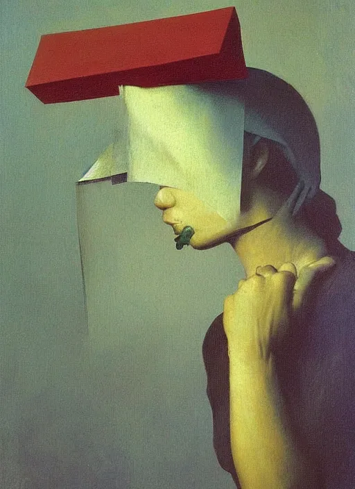 Image similar to woman with a paper bag over the head and a sward Edward Hopper and James Gilleard, Zdzislaw Beksinski, Steven Outram highly detailed