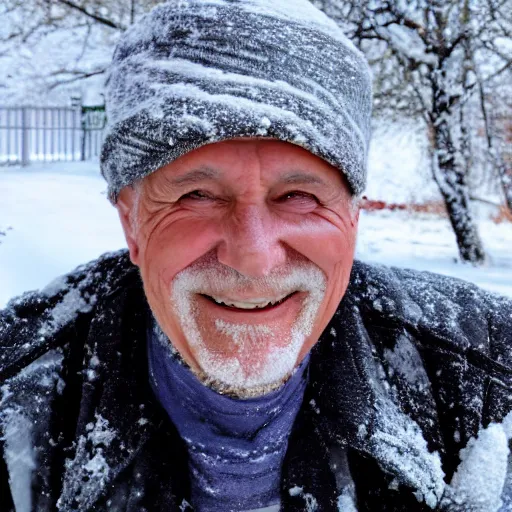 Prompt: a smiling old man covered in snow