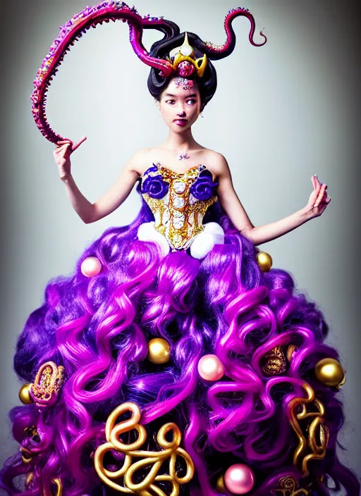 Image similar to A full body shot of a cute and mischievous monster princess with Sailor Moon hair made of tentacles wearing an ornate ball gown covered in jewels. Dynamic Pose. Quinceanera dress. Rainbow palette. rainbowcore. Eldritch Beauty. defined facial features, symmetrical facial features. Opalescent surface. beautiful lighting. By Giger and Ruan Jia and Artgerm and WLOP and William-Adolphe Bouguereau. Fantasy Illustration. Sailor Moon hair. Masterpiece. trending on artstation, featured on pixiv, award winning, cinematic composition, dramatic pose, sharp, details, Hyper-detailed, HD, HDR, 4K, 8K.